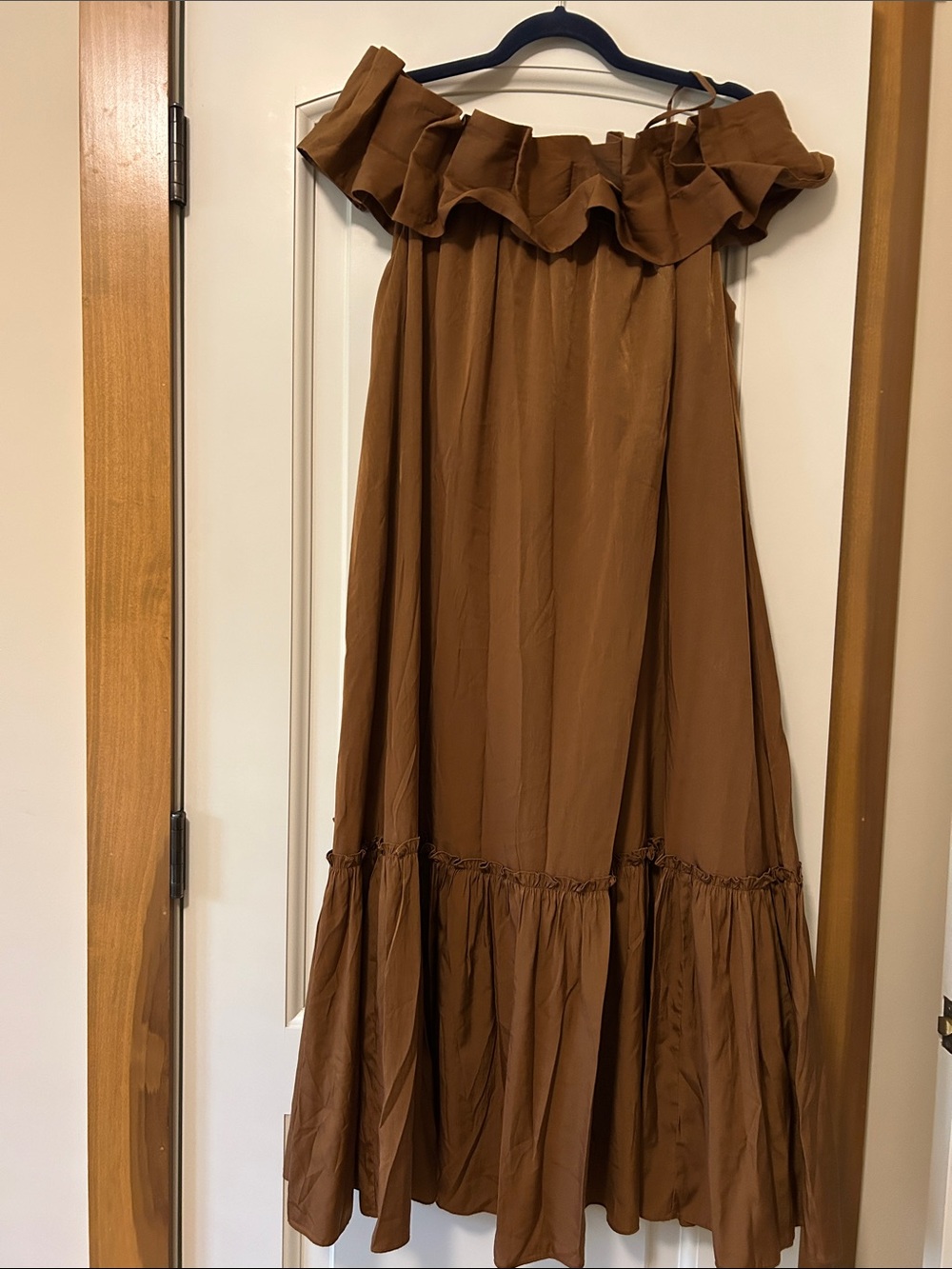 Mare Mare Off-Shoulder Ruffle Maxi Dress in Brown w/Slight Sheen OCCASIONAL